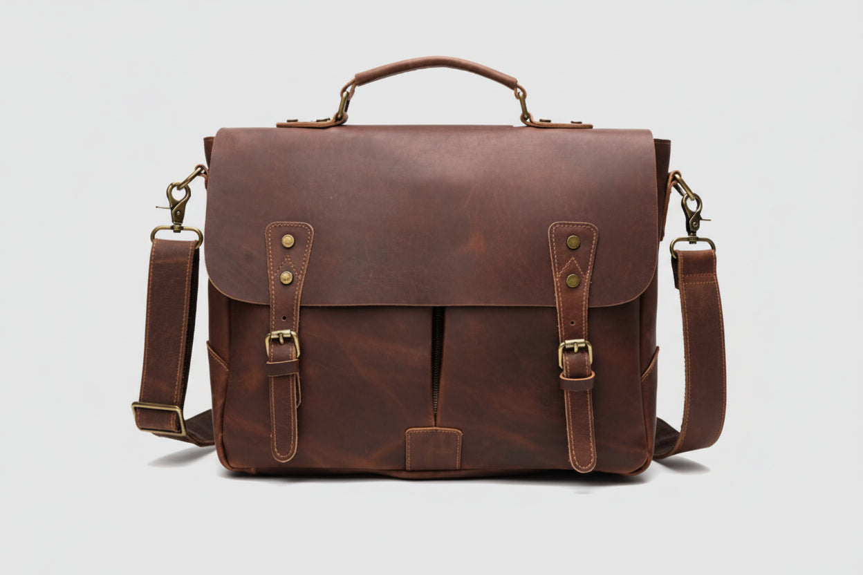 Brown leather satchel bag with shoulder strap on a light gray background