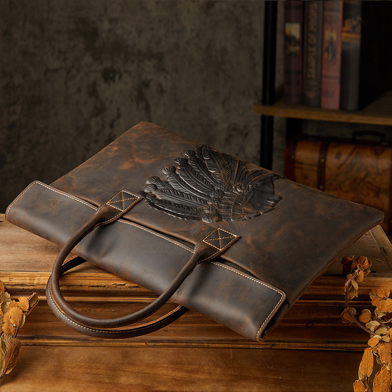 Mens Leather Cowhide Briefcase Lightweight Business Casual Professional Style For 15 Inch To 17 Inch Laptops