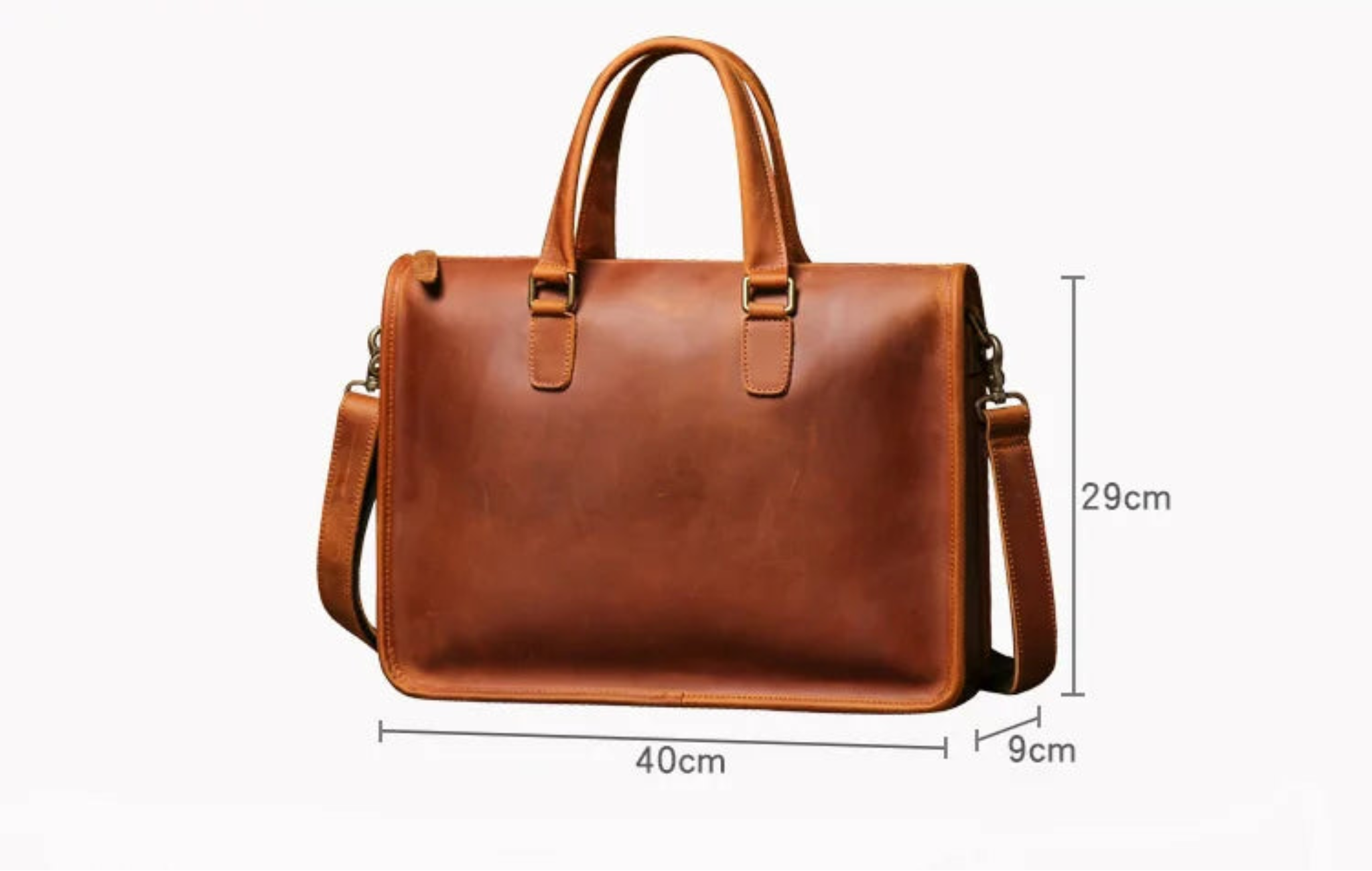 Brown leather bag with dimensions on a white background