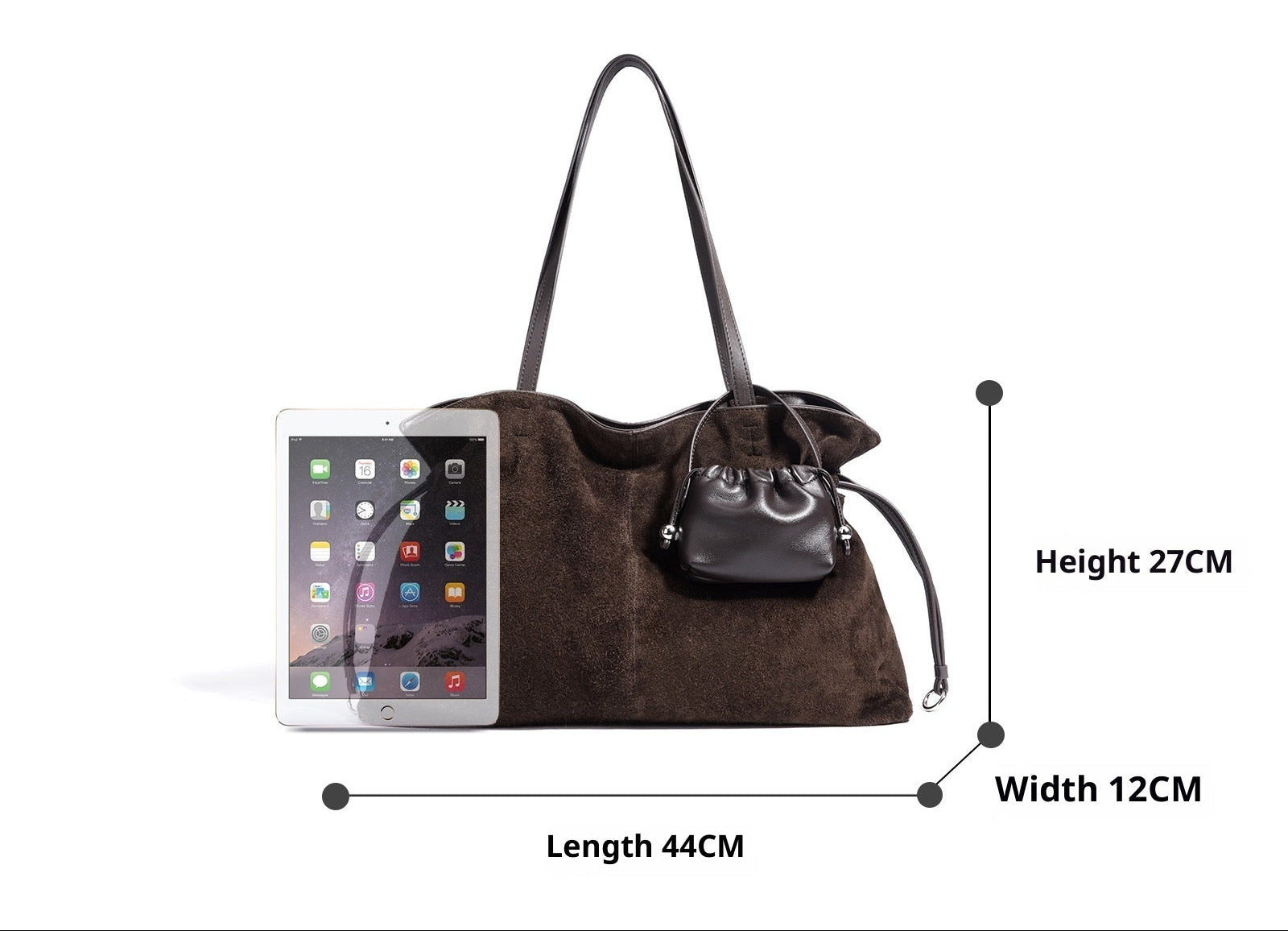 Brown handbag with dimensions labeled on a white background