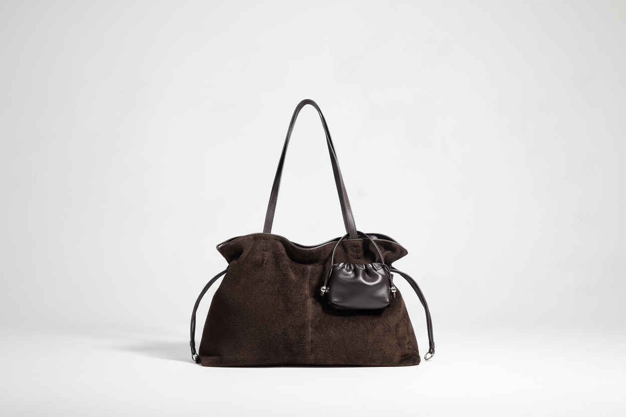 Brown handbag with dimensions labeled on a white background