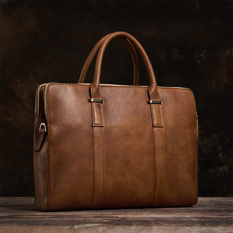 Vegetable Tanned Leather Premium Men's Briefcase Bag With Laptop Pocket Vintage Casual Business