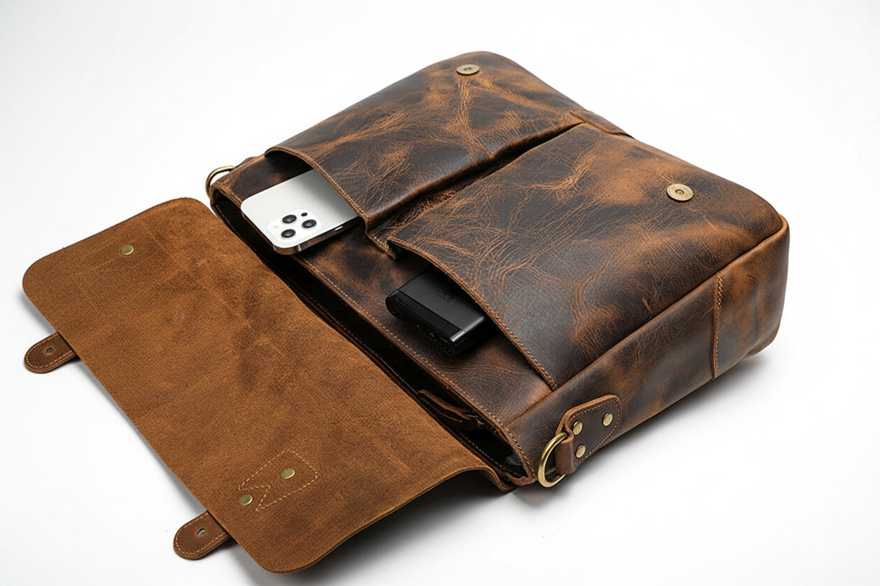 Brown leather bag with phone and wallet compartments on a white background