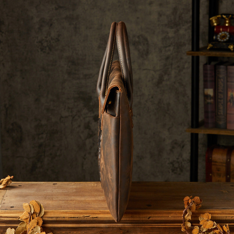 Mens Leather Cowhide Briefcase Lightweight Business Casual Professional Style For 15 Inch To 17 Inch Laptops