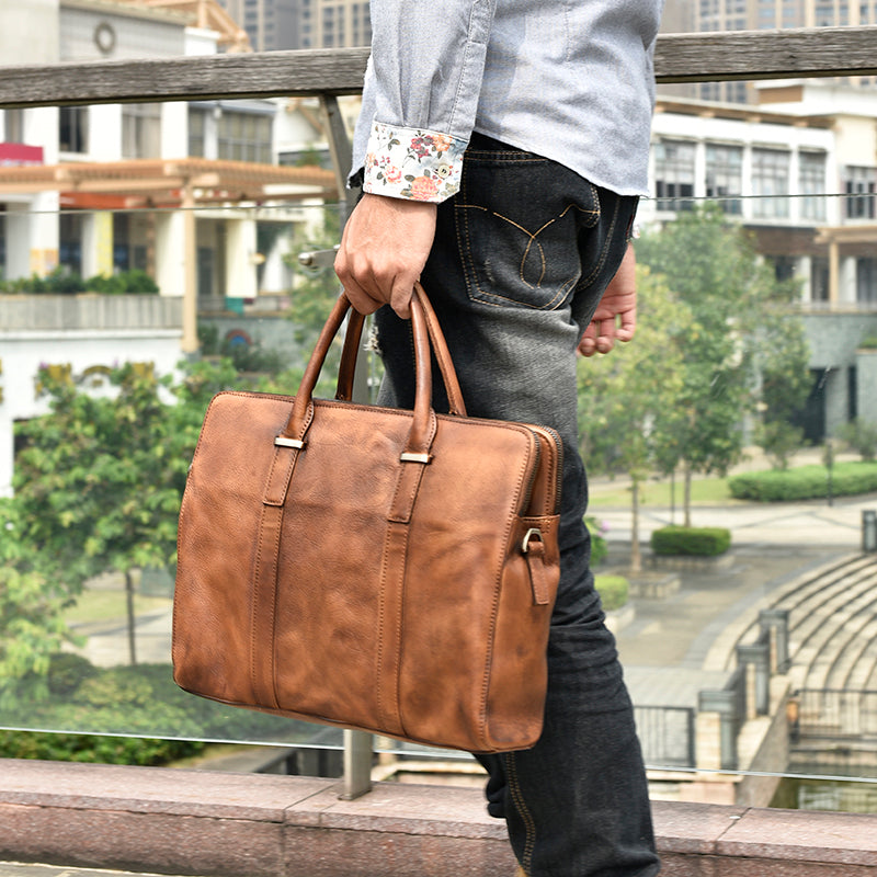 Vegetable Tanned Leather Premium Men's Briefcase Bag With Laptop Pocket Vintage Casual Business