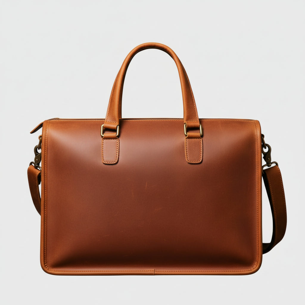 Brown leather briefcase with shoulder strap on a white background