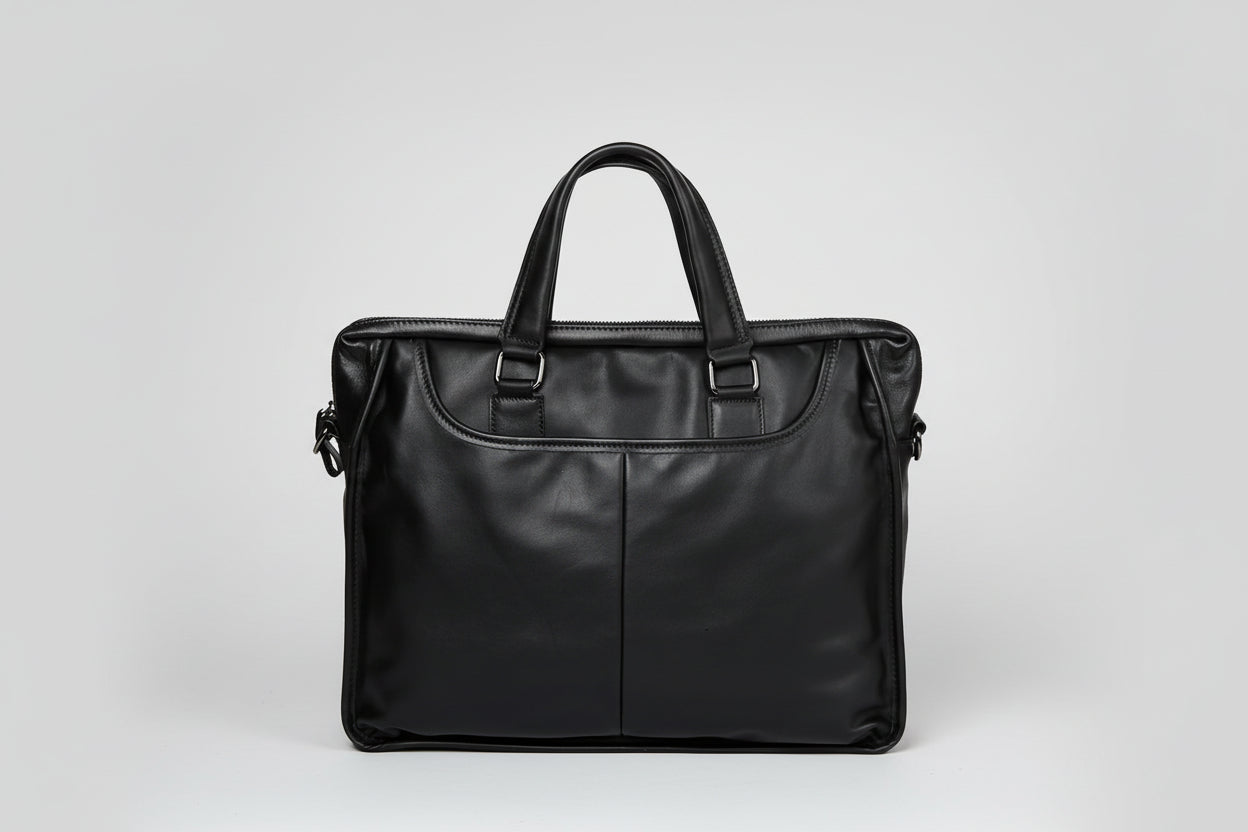 Black leather briefcase on a white background