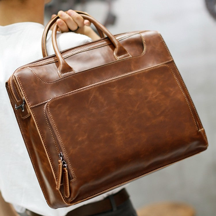 Premium Genuine Cowhide Leather Briefcase For Professionals 14 Inch Laptop Bag Coffee Brown Minimalist Design