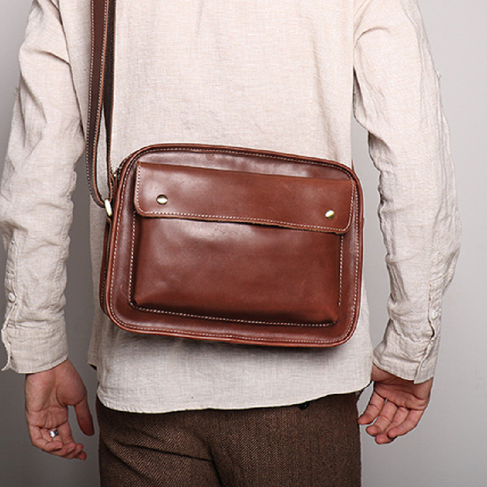 Men's Top-Grain Leather Shoulder Bag Slim Crossbody With Canvas Lining For Everyday Carry