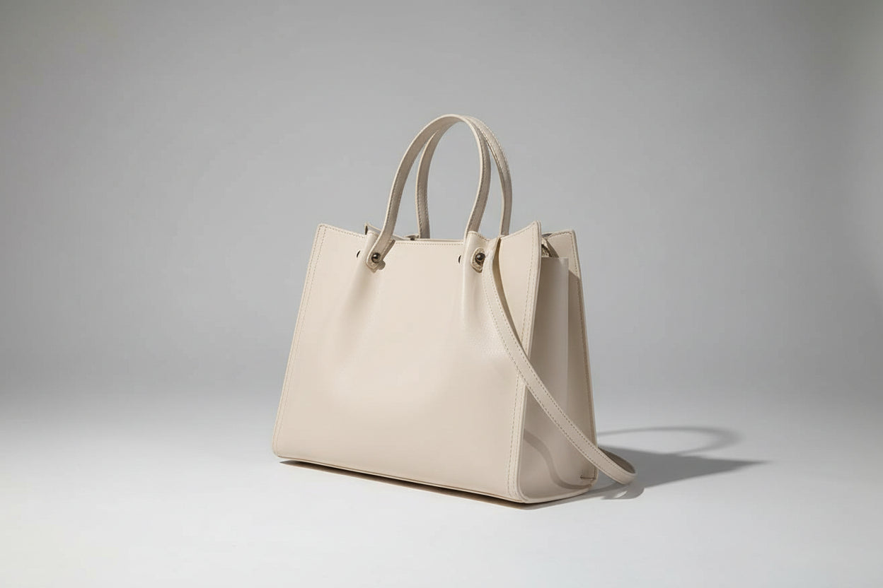Beige handbag with a shoulder strap on a white background