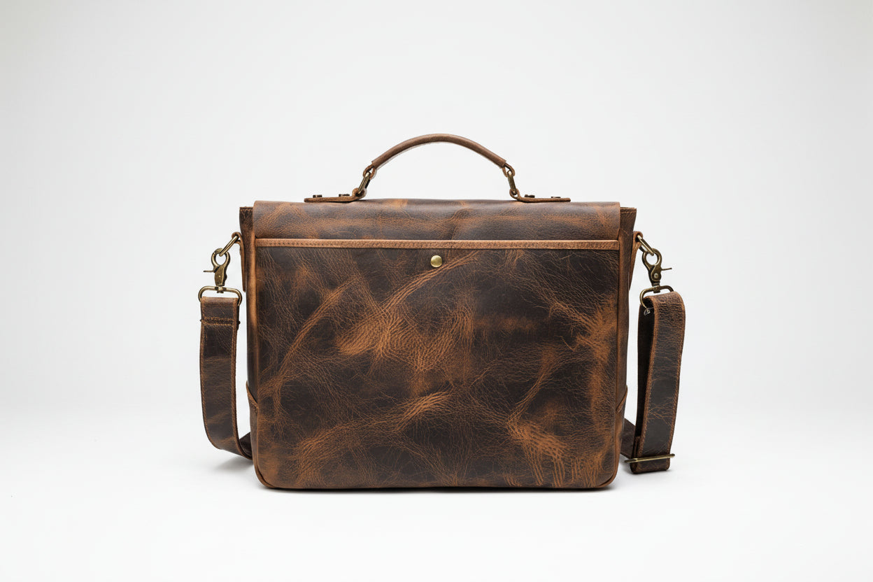 Brown leather briefcase with shoulder strap on a white background