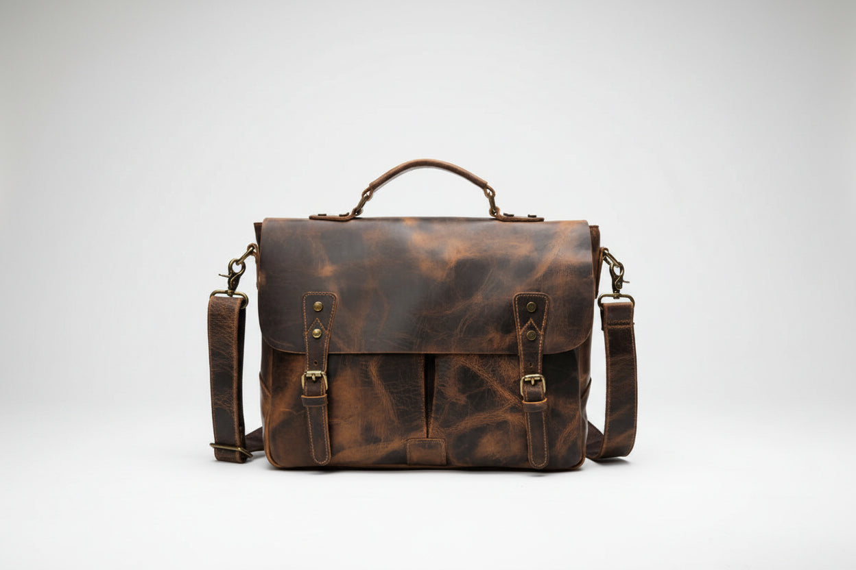 Brown leather satchel bag with shoulder strap on a white background