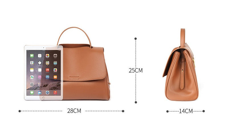 Brown handbag with dimensions and an iPad for scale on a white background