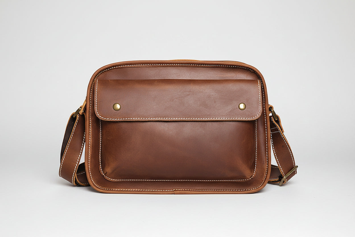 Brown leather satchel bag on a white background