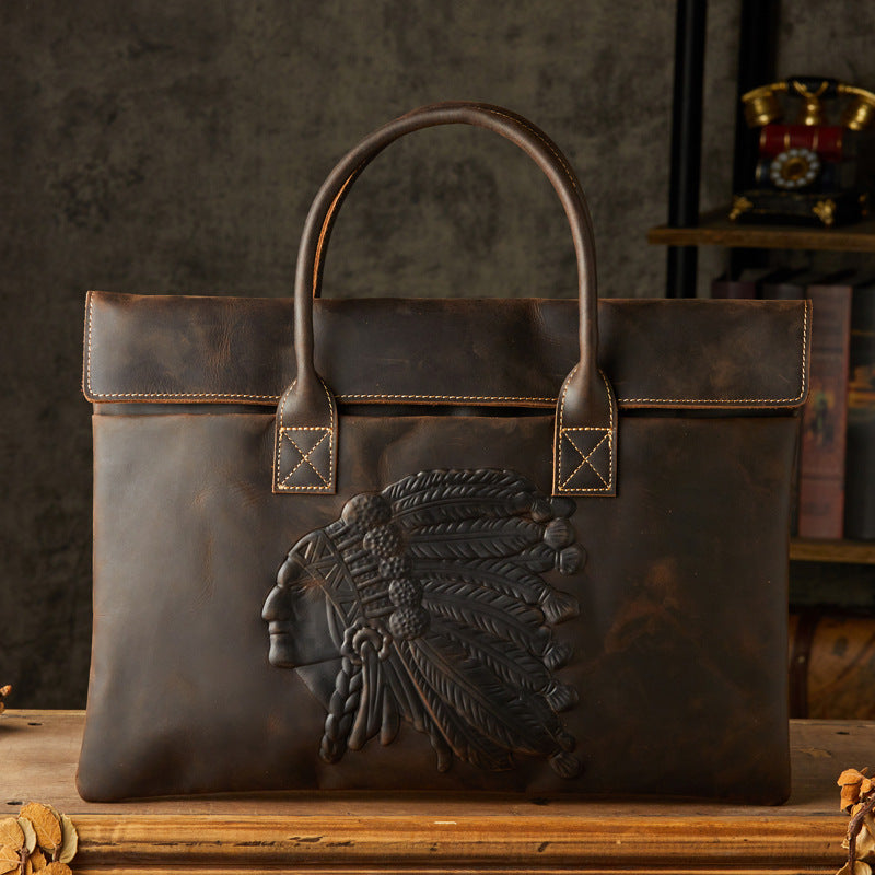 Mens Leather Cowhide Briefcase Lightweight Business Casual Professional Style For 15 Inch To 17 Inch Laptops