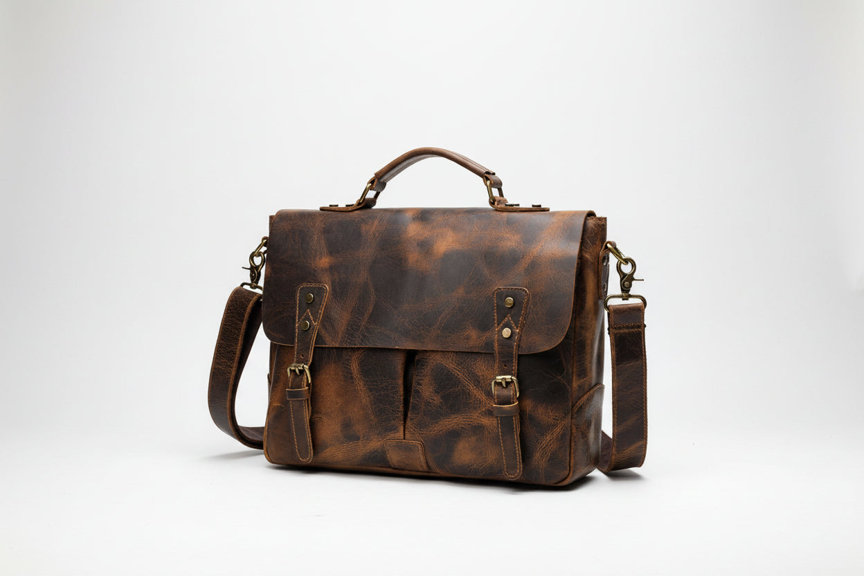 Brown leather satchel bag with gold accents on a white background