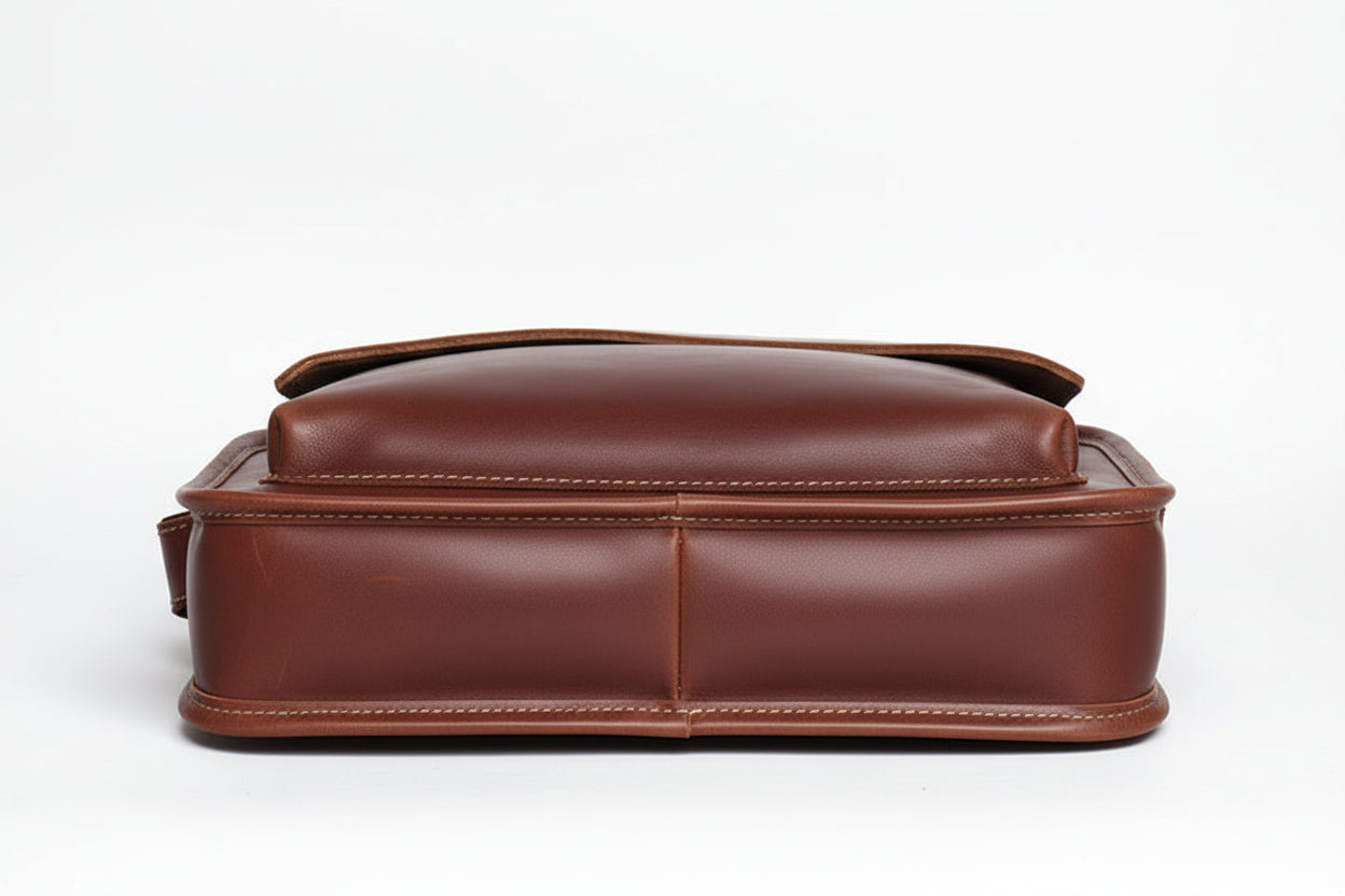 Brown leather bag shown from the bottom perspective on a white background