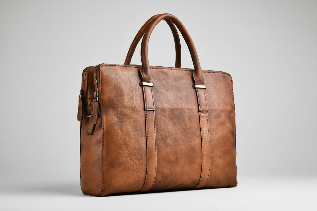 Brown leather briefcase on a white background