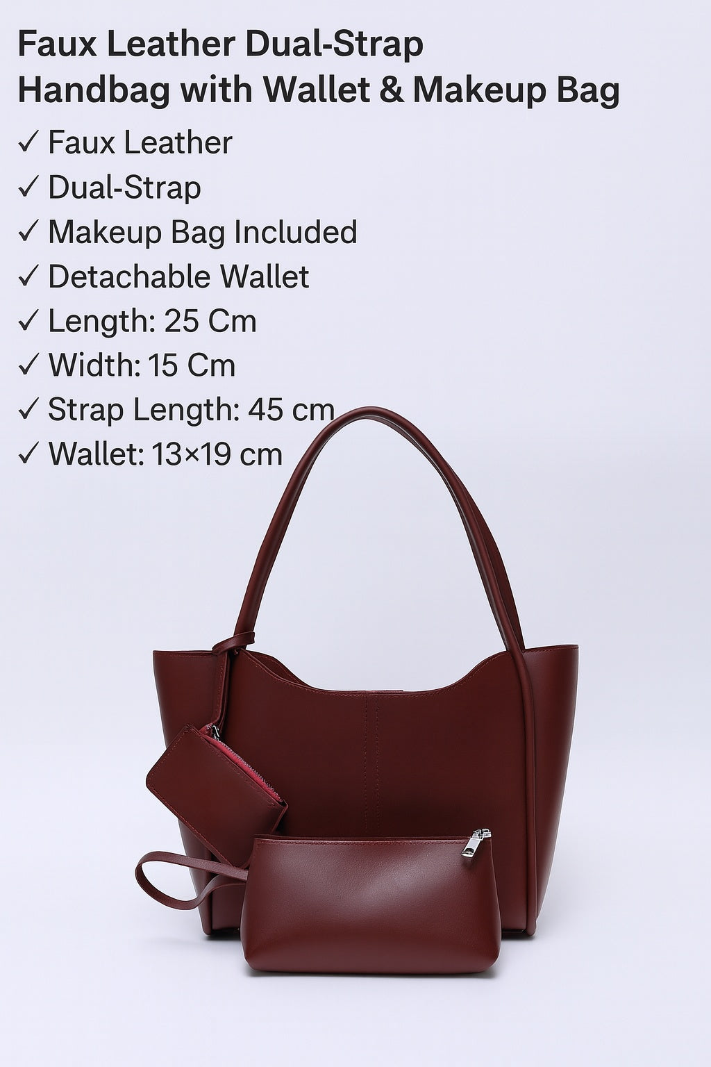 SHK Burgundy Faux Leather Womens Hand And Shoulder Bag With Wallet And Makeup Bag Elegant Organized Everyday Use