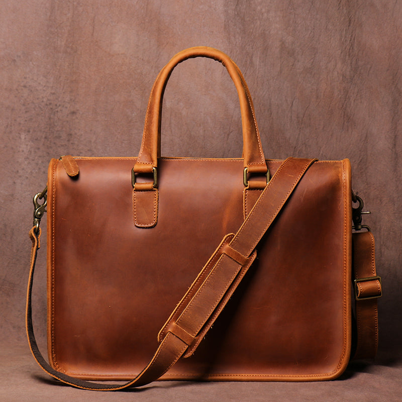 Mens Crazy Horse Leather Briefcase Top Grain Cowhide 14 Inch Laptop Bag Retro Business Handbag