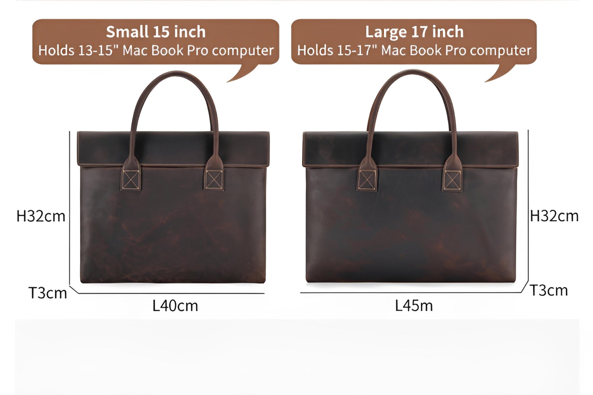 Two brown leather briefcases with measurements and capacity details on a white background
