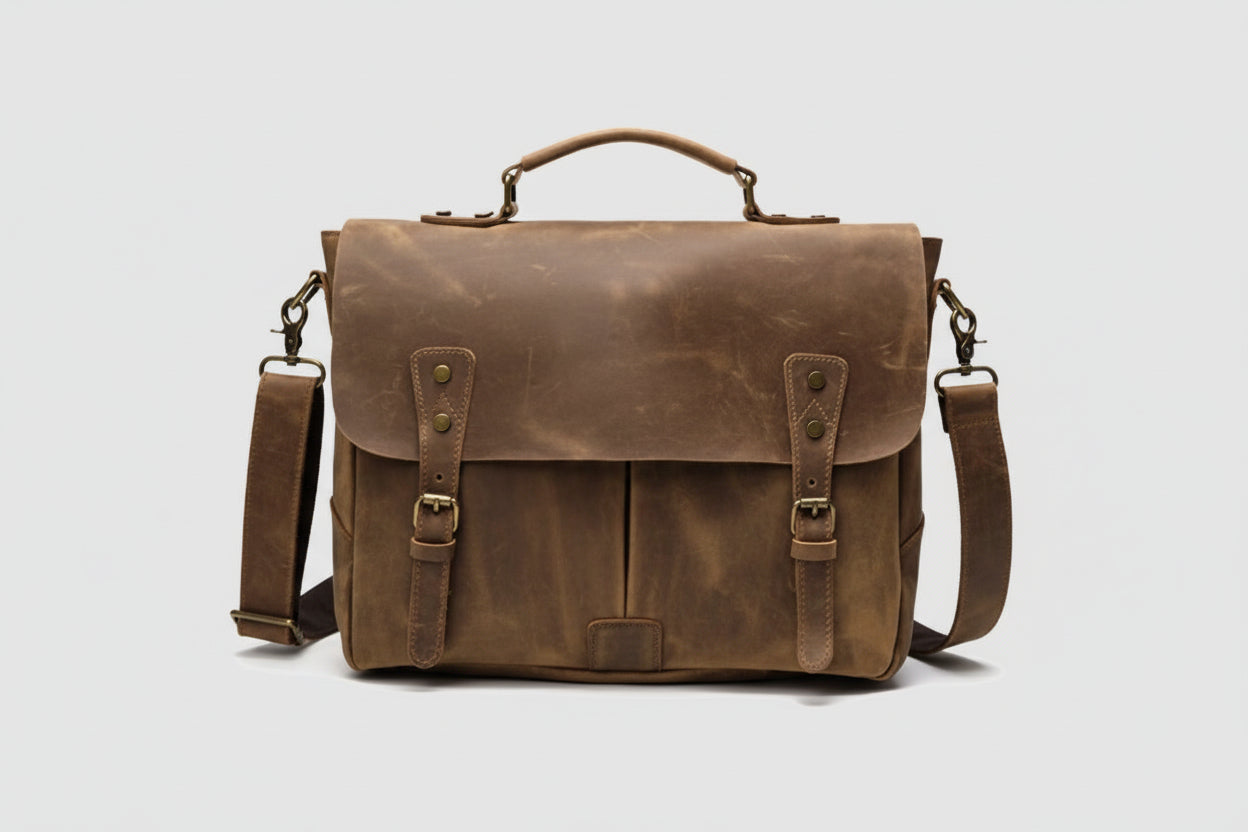 Premium Leather Mens Briefcase Satchel For Professionals Cowhide Laptop Bag With Zipper Pockets And ID Pocket