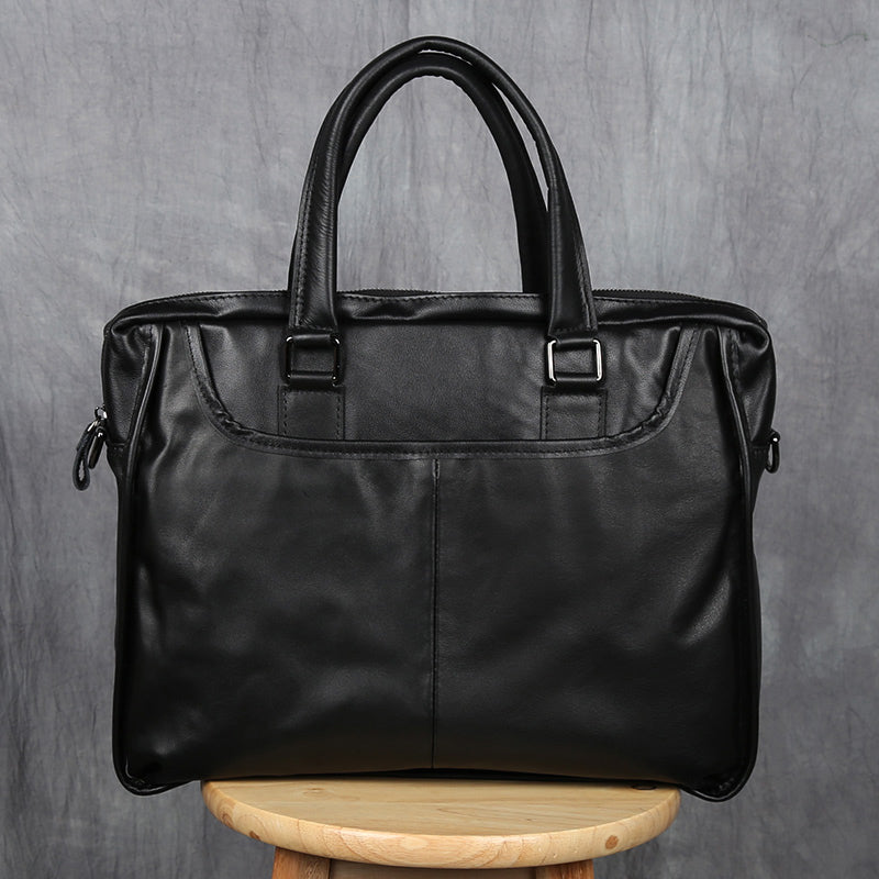 Mens Top Grain Cowhide Leather Briefcase Slim 15 Inch Laptop Bag Secure Zipper Black For Professionals