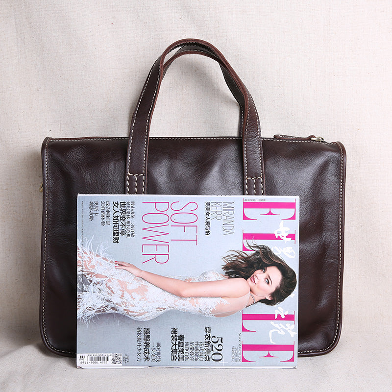 Men's Top-Grain Leather Laptop Briefcase 13-Inch Fit With Zipper Vintage Horizontal For Professionals