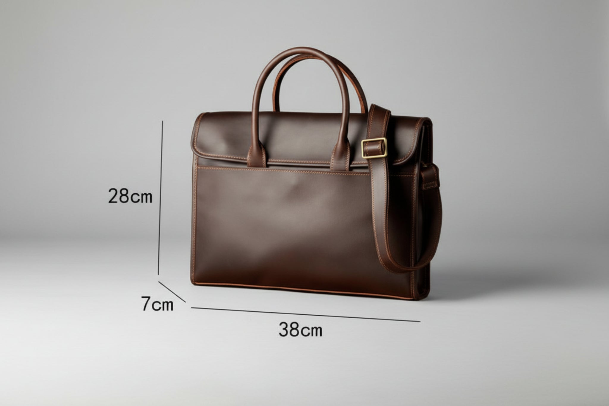 Brown leather briefcase with measurements on a beige background