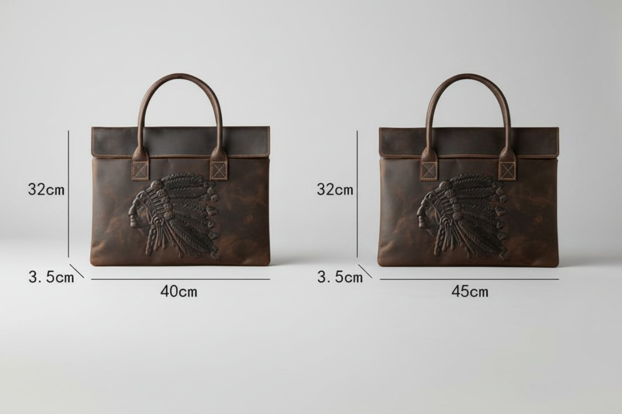 Two brown leather bags with embossed designs on a textured beige background