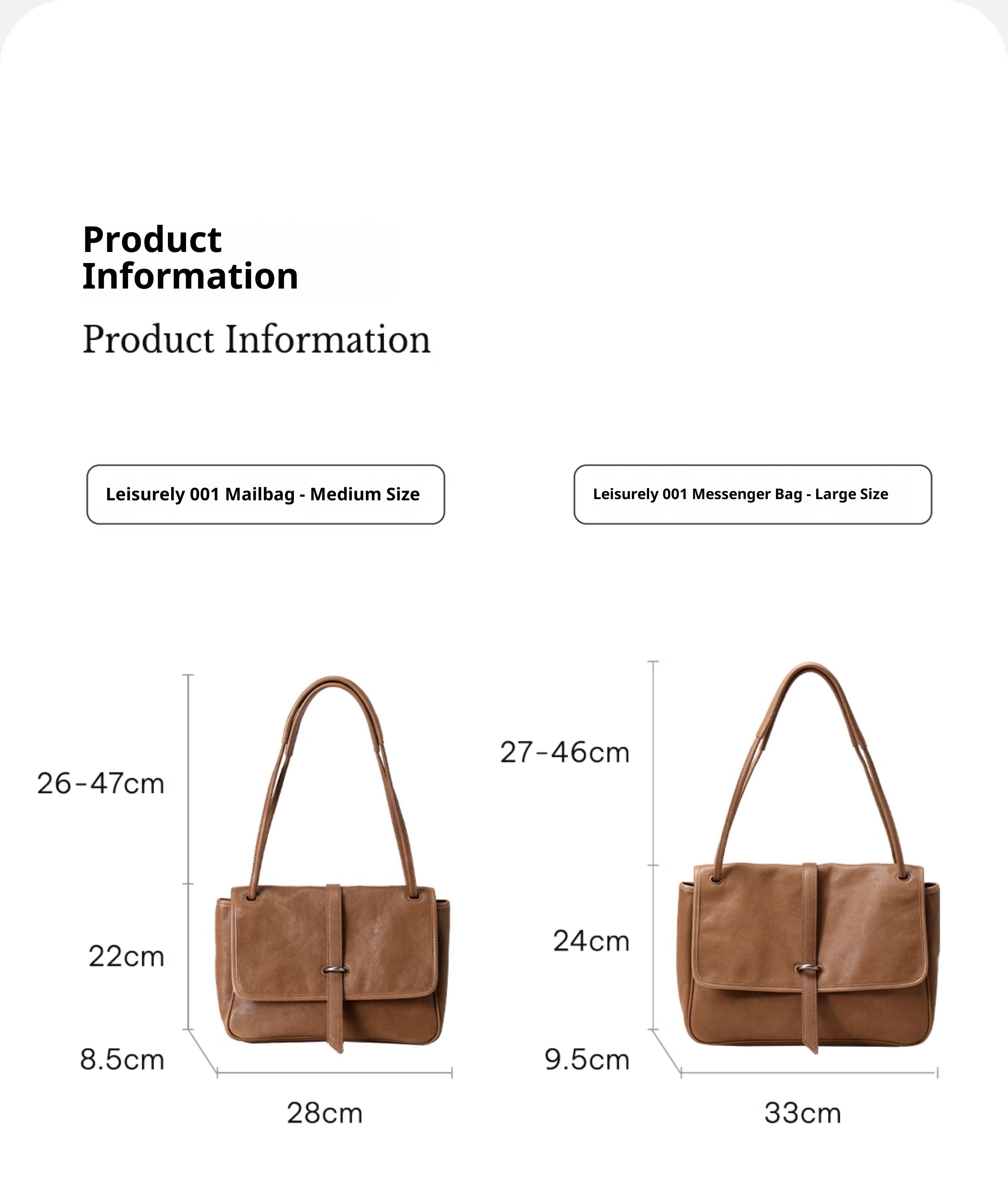 Product information for a brown leather bag with dimensions displayed.