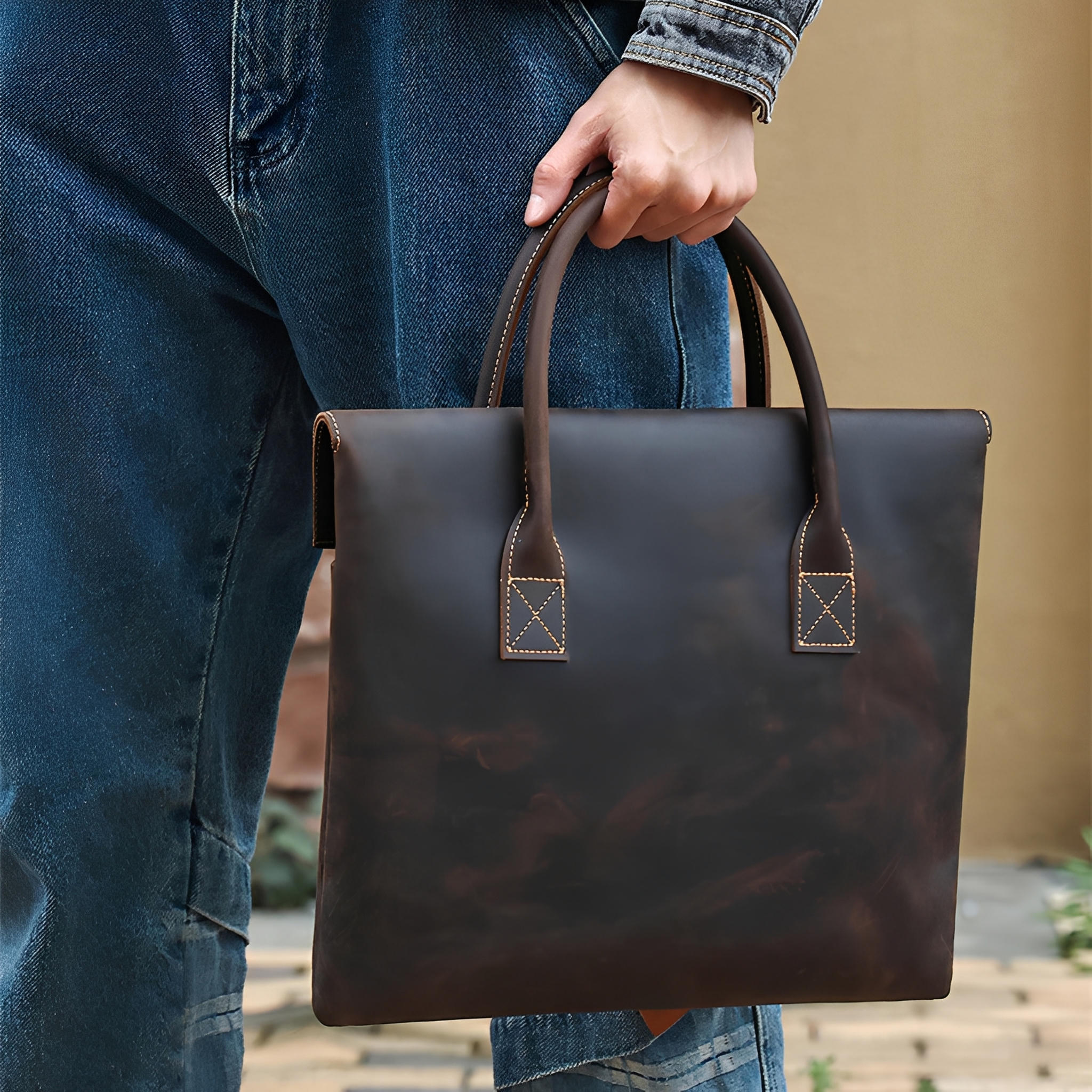 Crazy Horse Leather Slim Portfolio For Men Durable Wear Resistant Genuine Cowhide For Business And Travel